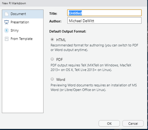 Select OK to Create New R Markdown Document