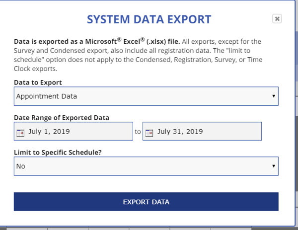 Writing Center Export Date Range Selection